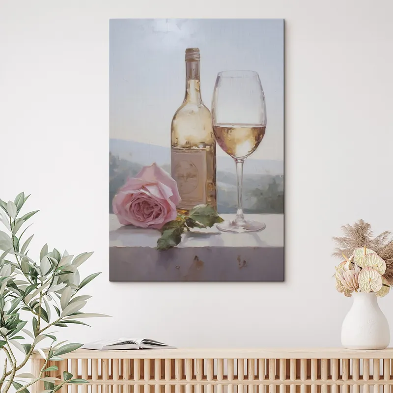 Pictură pe pânză O sticlă și un pahar de vin și un câine mic care poartă ochelari, pictură imitație Nr s46721 Comandă acum