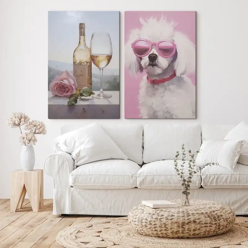 Pictură pe pânză O sticlă și un pahar de vin și un pudel cu ochelari, pictură imitație Nr m01021 Reducere extra
