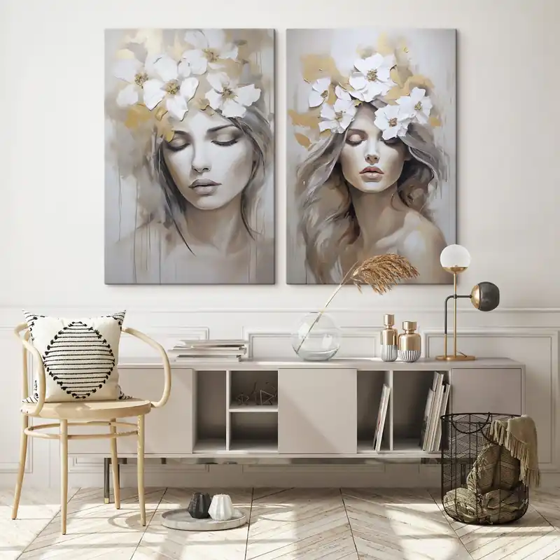 Cumpără acum Pictură pe pânză Portret abstract al unei fete cu flori, imitație de pictură Nr m01034