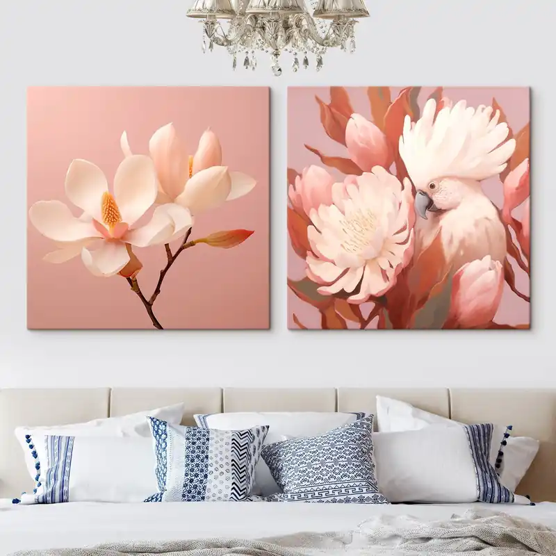 Pictură pe pânză Compoziție florală cu o pasăre în stil artistic ilustrativ Nr m00994 Calitate înaltă