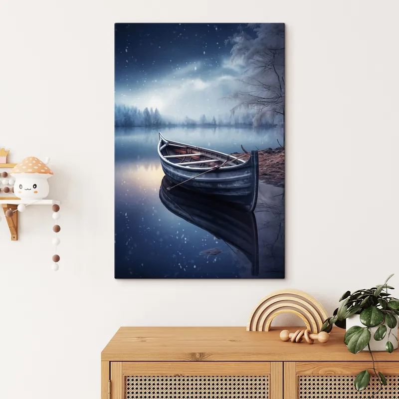 Pictură pe pânză Barcă goală lângă un lac iarna Nr s46773 Doar azi