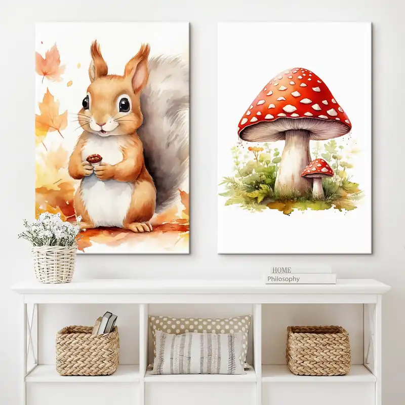 Pictură pe pânză Veveriță și ciupercă de pădure, ciupercă otrăvitoare, imitație de acuarelă Nr m01049 Retur gratuit