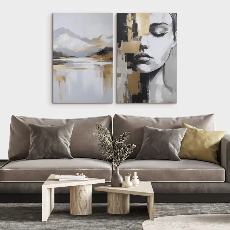 Pictură pe pânză Peisaj montan abstract și portret Nr m01058 Doar azi