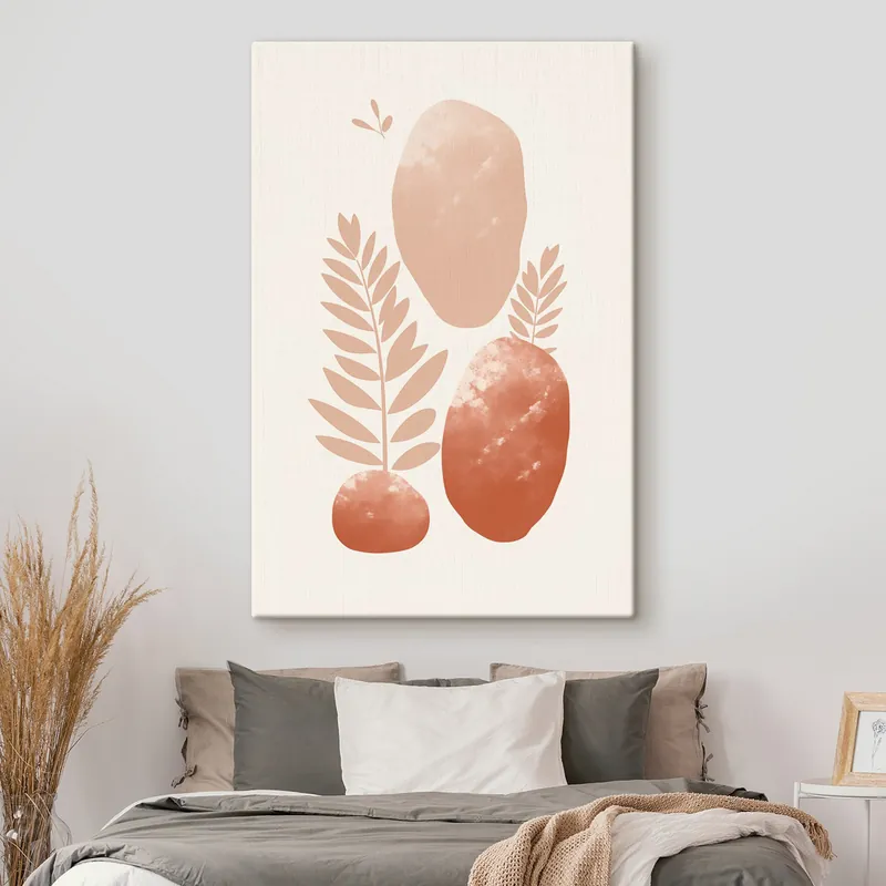 Preț mic Pictură pe pânză Forme abstracte, pietre texturate și frunze în nuanțe discrete de piersică și teracotă, fundal minimalist, crem Nr s47012