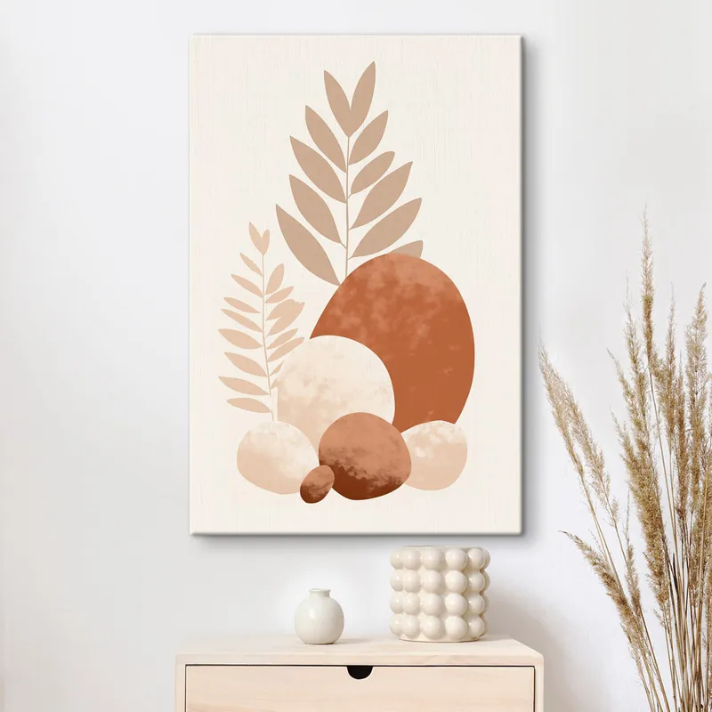Popular Pictură pe pânză Forme abstracte, pietre texturate și frunze în nuanțe discrete de piersică și teracotă, fundal minimalist, crem Nr s47013