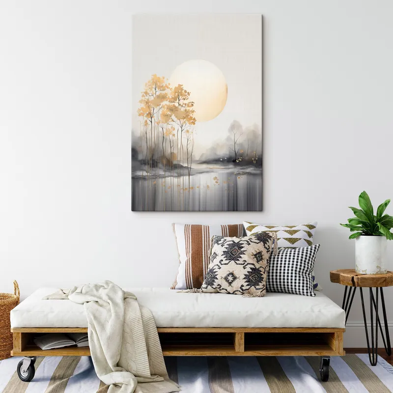 Pictură pe pânză Peisaj abstract decorativ, copaci înalți cu frunze galbene, un râu și ceață în fundal Nr s47014 Calitate înaltă