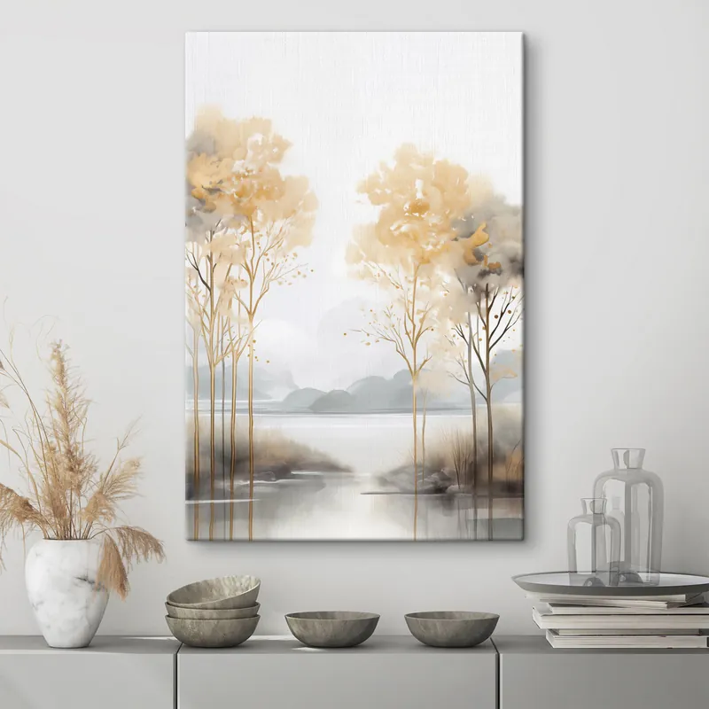 Cumpără online Pictură pe pânză Peisaj abstract decorativ, copaci înalți cu frunze galbene, un râu și ceață în fundal Nr s47015