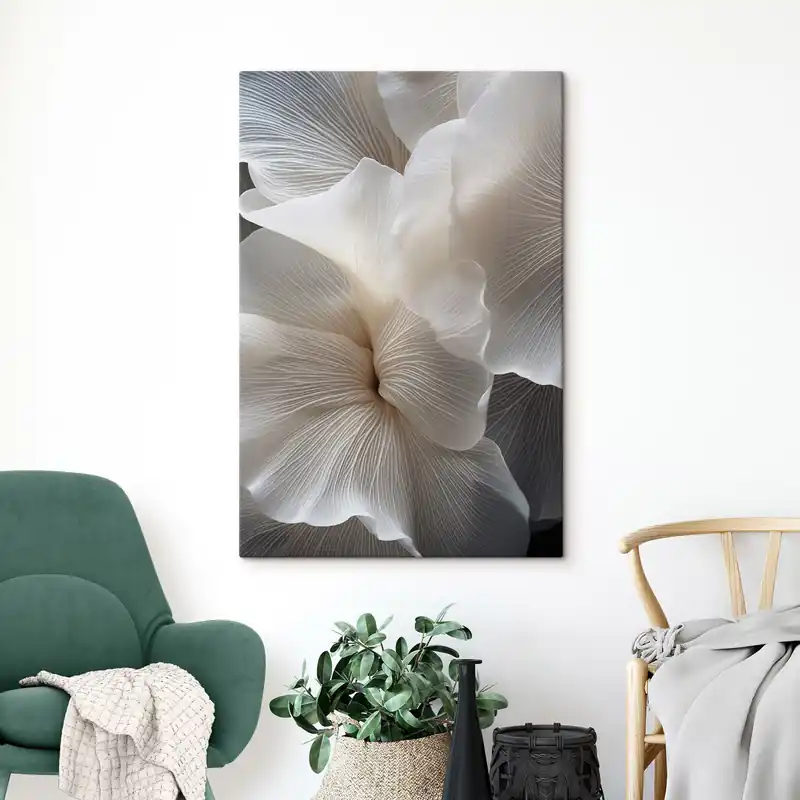 Pictură pe pânză Prim-plan cu petale florale albe abstracte delicate, cu linii complexe și un fundal întunecat estompat Nr s47019 Plată securizată