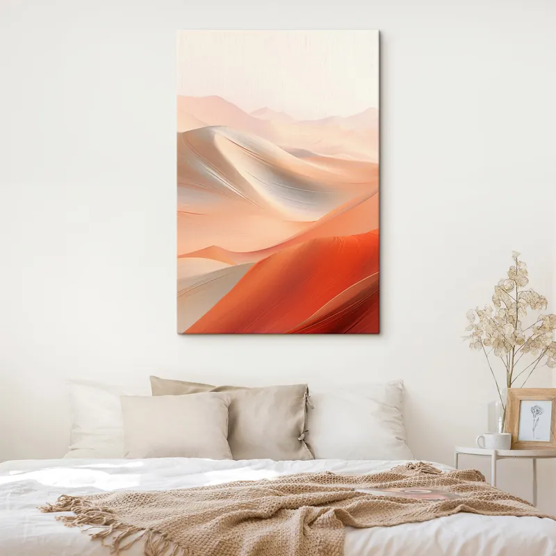 Pictură pe pânză Peisaj abstract de deșert cu dune de nisip în mișcare, în tonuri calde de portocaliu și alb Nr s47030 Ofertă exclusivă