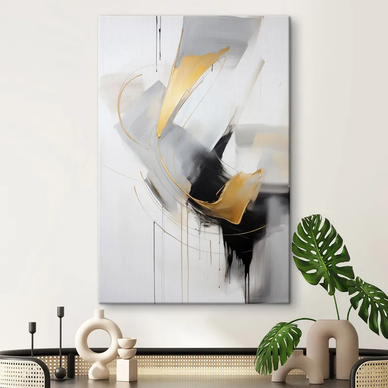 Cel mai vândut Pictură pe pânză Pictură abstractă cu imitații de pensule galbene, negre și albe, linii dinamice Nr s47034