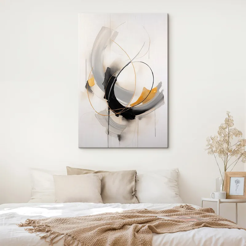 Pictură pe pânză Pictură abstractă cu imitații de pensule galbene, negre și albe, linii dinamice Nr s47035 Livrare expres