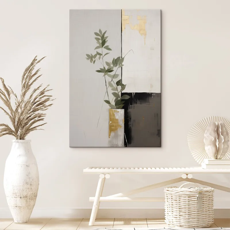 Pictură pe pânză O pictură minimalistă texturată reprezentând un vas cu frunze verzi pe un fundal de forme geometrice abstracte Nr s47036 Reducere de preț