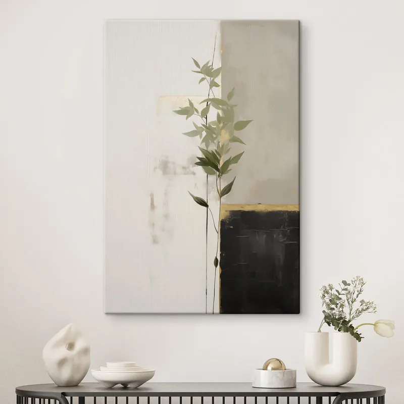 Pictură pe pânză O pictură minimalistă texturată reprezentând un vas cu frunze verzi pe un fundal de forme geometrice abstracte Nr s47037 Noutate