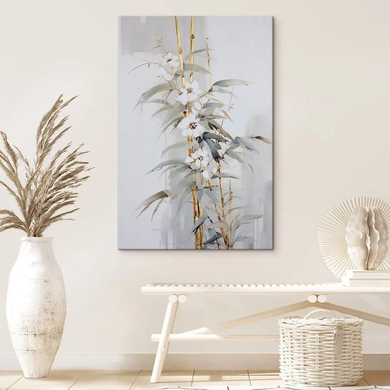 Ofertă de sezon Pictură pe pânză Tulpini abstracte de bambus cu accente galbene, flori albe delicate și frunze verde pal, fundal gri Nr s47039