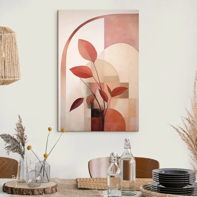 Lichidare de stoc Pictură pe pânză Plantă abstractă cu frunze roșii pe un fundal de forme geometrice și culori delicate, discrete Nr s47040