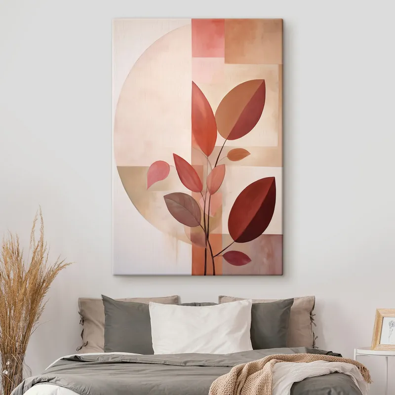 Retur ușor Pictură pe pânză Plantă abstractă cu frunze roșii pe un fundal de forme geometrice și culori delicate, discrete Nr s47041