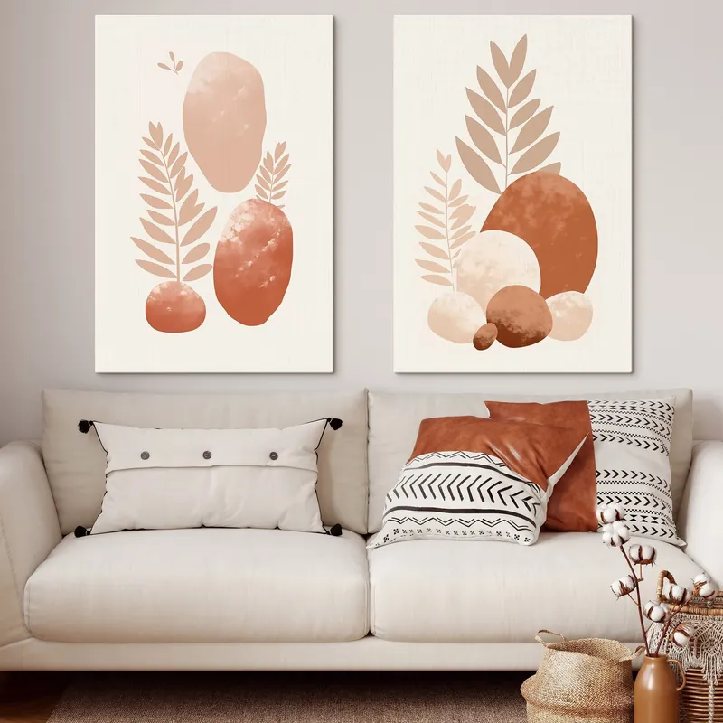 Pictură pe pânză Forme abstracte, pietre texturate și frunze în nuanțe discrete de piersică și teracotă, fundal minimalist, crem Nr m01114 Reducere
