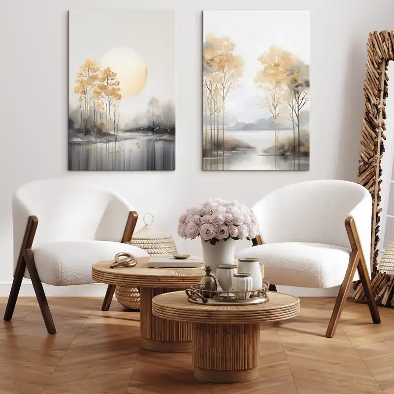 Retur ușor Pictură pe pânză Peisaj abstract decorativ, copaci înalți cu frunze galbene, un râu și ceață în fundal Nr m01115
