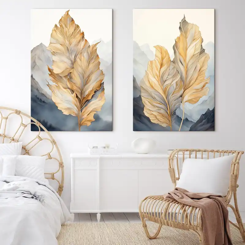 Pictură pe pânză Frunze abstracte mari, galbene și maronii, cu detalii complexe, pe fundalul unui peisaj montan Nr m01119 Premium