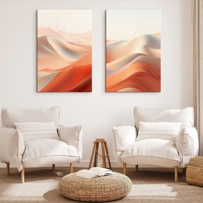 Pictură pe pânză Peisaj abstract de deșert cu dune de nisip în mișcare, în tonuri calde de portocaliu și alb Nr m01123 Plată securizată