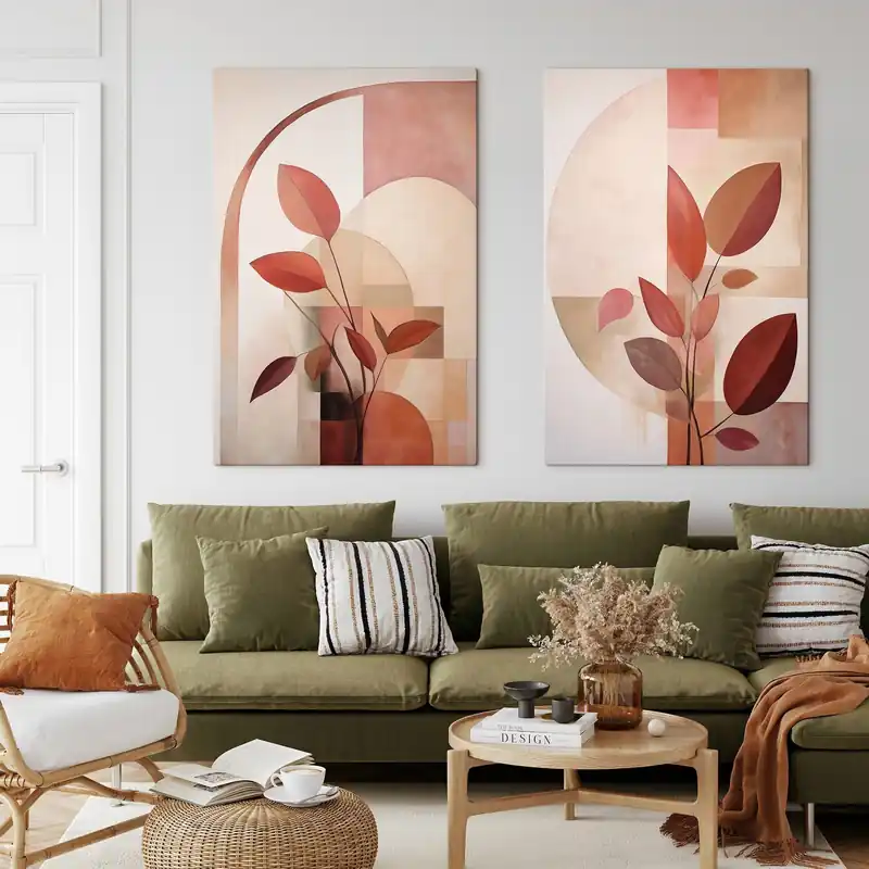 Super ofertă Pictură pe pânză Plantă abstractă cu frunze roșii pe un fundal de forme geometrice și culori delicate, discrete Nr m01128