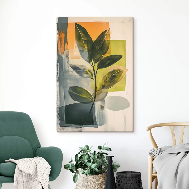 Pictură pe pânză O ramură cu frunze pe un fundal abstract Nr s47249 Ofertă limitată