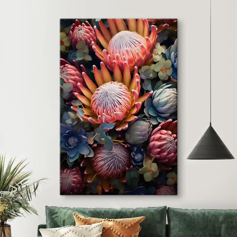 Bestseller Pictură pe pânză Compoziție din proteas, eucalipt și plante suculente într-un stil artistic digital fotorealist Nr s46925