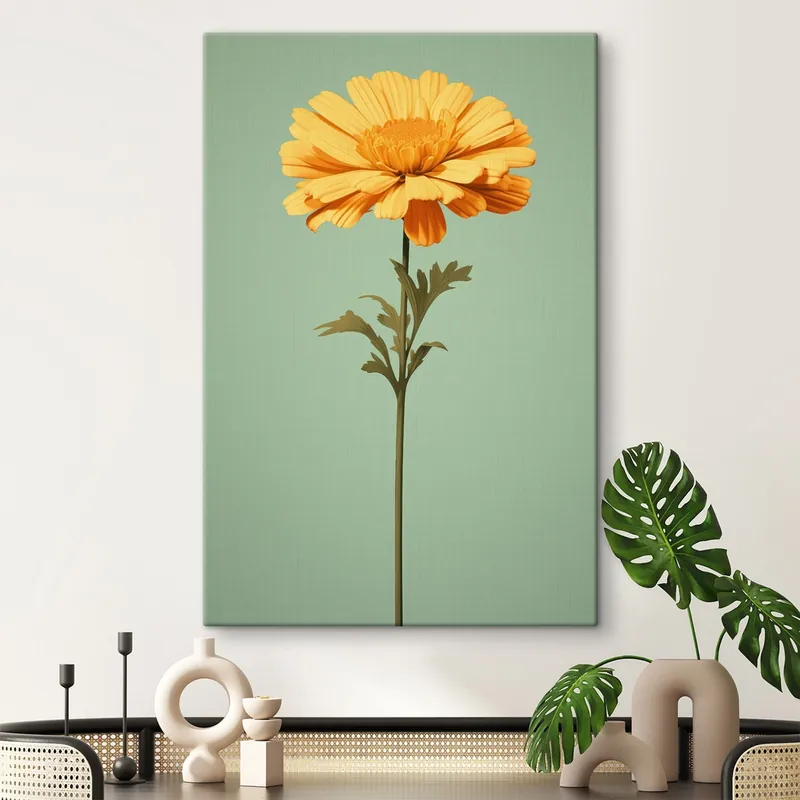 Pictură pe pânză Calendula galbenă pe fundal mentă în stil minimalist Nr s46926 Promoție