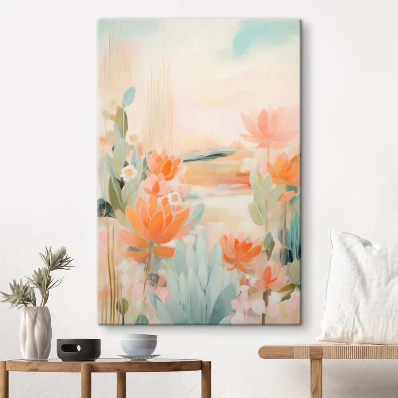 Premium Pictură pe pânză Peisaj floral în tonuri de roz și albastru, într-un stil pictural contemporan Nr s46931