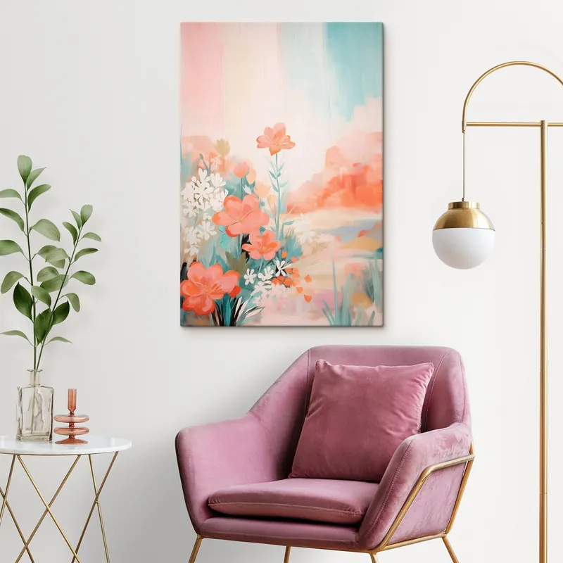 Vezi acum Pictură pe pânză Peisaj floral abstract într-o paletă de culori roz și albastru Nr s46932