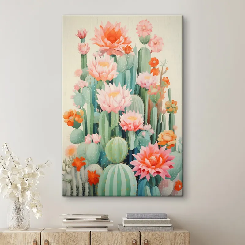 Cumpărături sigure Pictură pe pânză Cactuși înfloriți cu flori roz și portocalii într-un stil ilustrativ Nr s46934