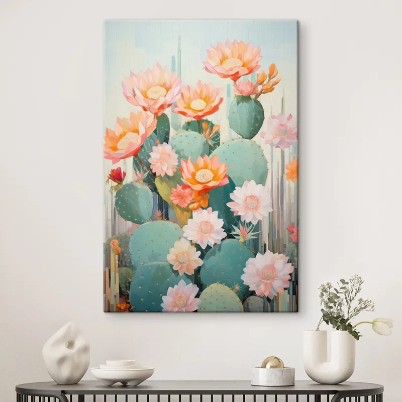 Mai ieftin Pictură pe pânză Grădină cu flori de cactus într-o paletă pastelată delicată, în stil ilustrativ Nr s46935