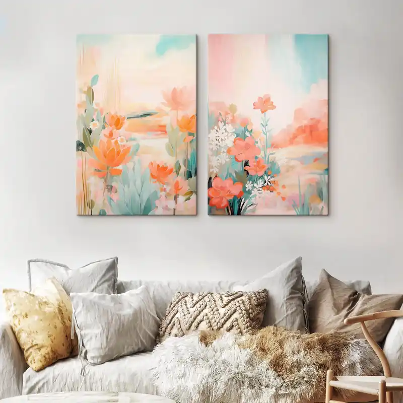 Ieftin Pictură pe pânză Motivele florale în tonuri pastelate pe fundalul unei văi ușor încețoșate Nr m01085
