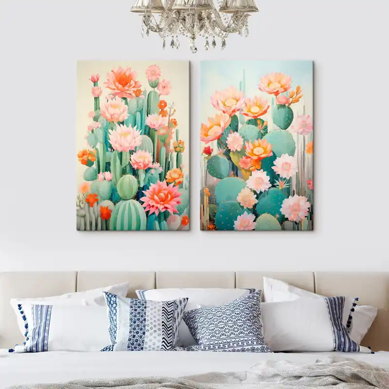 Livrare rapidă Pictură pe pânză Cactuși cu flori mari, o paletă de culori pastelate și o senzație de calm Nr m01086