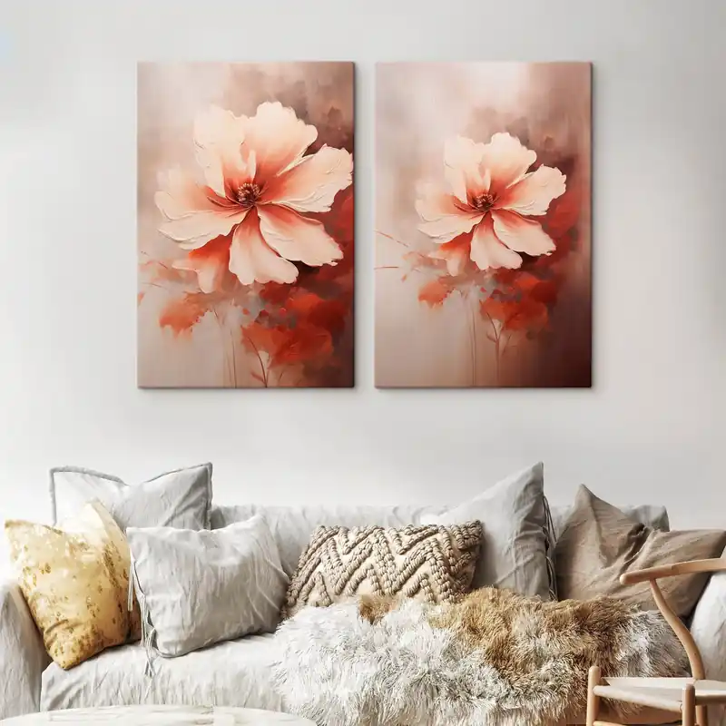 Ofertă de sezon Pictură pe pânză Compoziție florală petale albe și crem, accente de coral și un fundal delicat, încețoșat Nr m01088