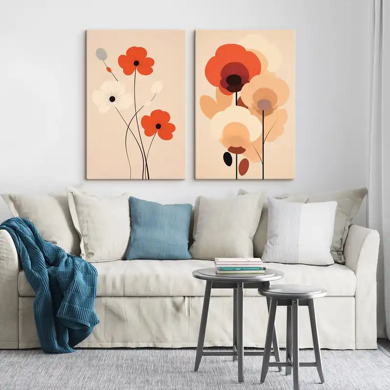 Bestseller Pictură pe pânză Diptic floral minimalist în tonuri calde de bej-coral cu linii grafice Nr m01090