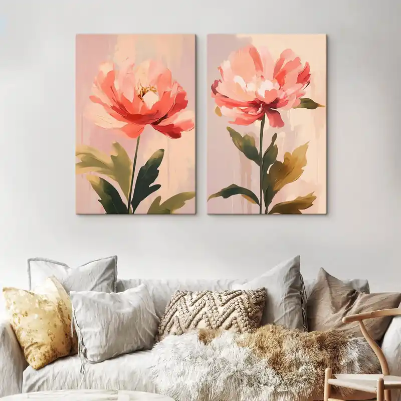 Discount Pictură pe pânză Bujori pastel pe tulpini înalte, în nuanțe calde de roz Nr m01093
