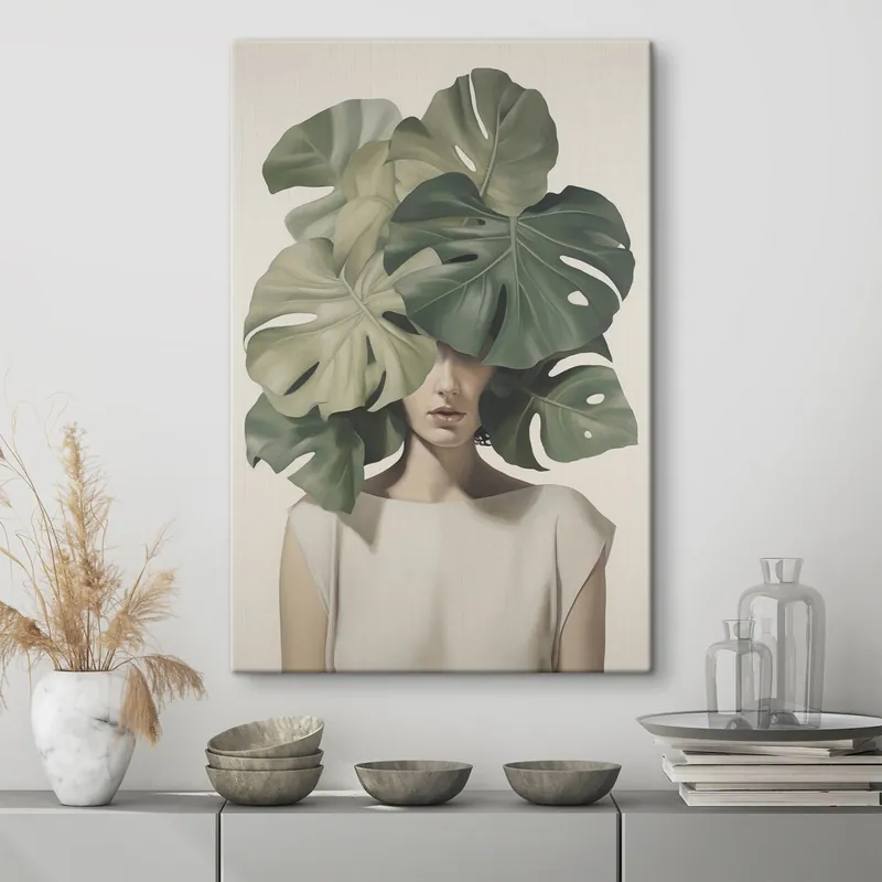 Reducere de preț Pictură pe pânză Portret abstract al unei fete cu frunze de monstera Nr s47336