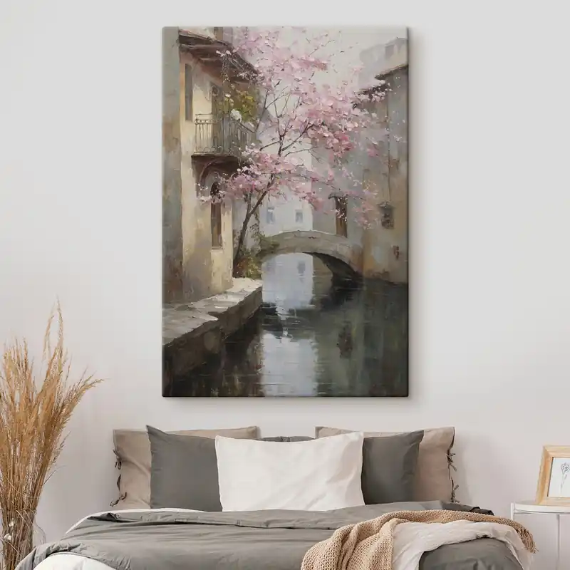 Pictură pe pânză peisaj urban romantic cu un copac înflorit în stilul picturii în ulei Nr s47126 Livrare expres