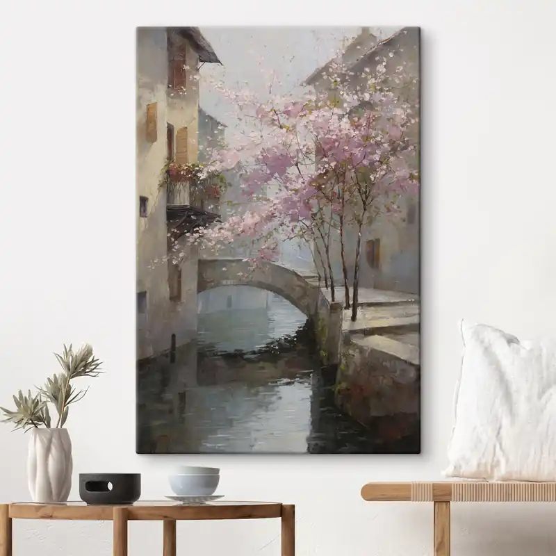 Pictură pe pânză peisaj urban romantic cu un copac înflorit în stilul picturii în ulei Nr s47127 Expediere rapidă