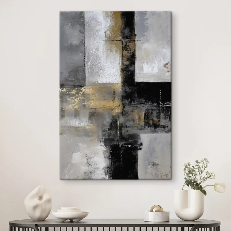 Ofertă de sezon Pictură pe pânză abstracție contemporană texturală în nuanțe de negru, gri și alb Nr s47140