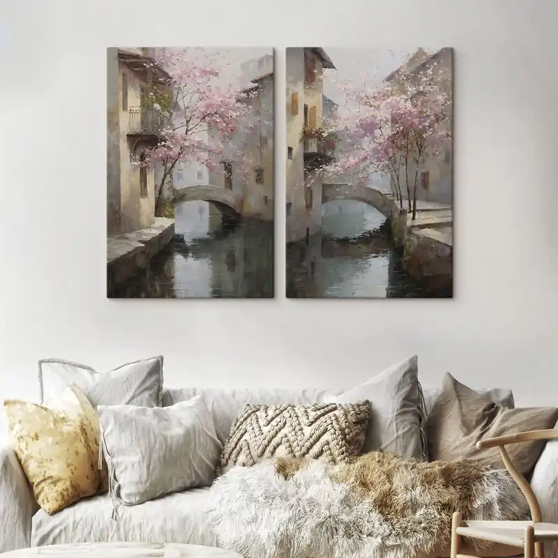 Pictură pe pânză peisaj urban romantic cu un copac înflorit în stilul picturii în ulei Nr m01173 Nu rata
