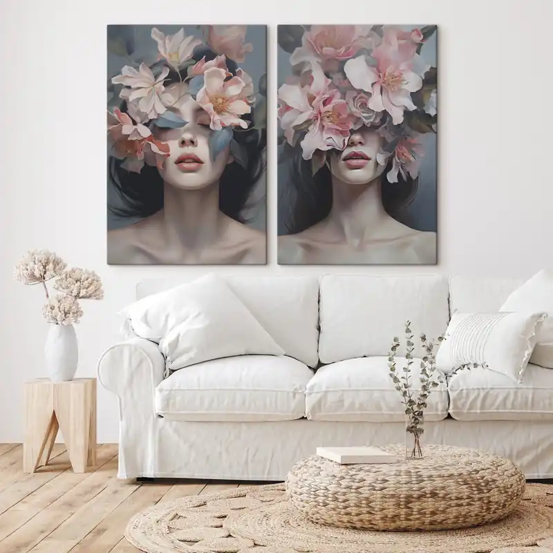 Pictură pe pânză Portret abstract feminin cu flori Nr m01221 Retur ușor