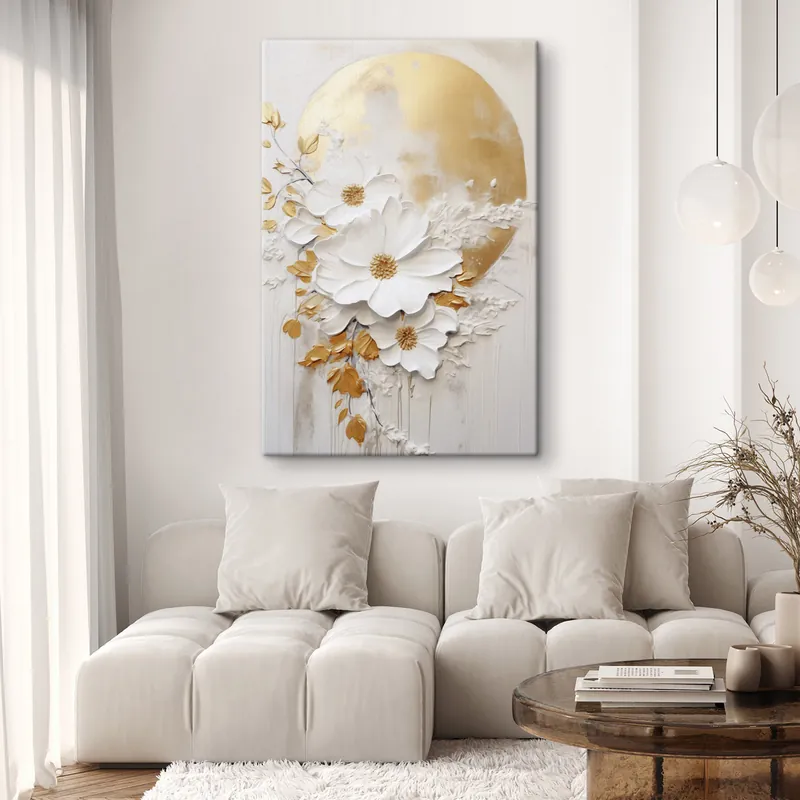 Vezi acum Pictură pe pânză Flori albe cu accente galbene și frunze delicate pe un fundal texturat, artă modernă Nr s47414