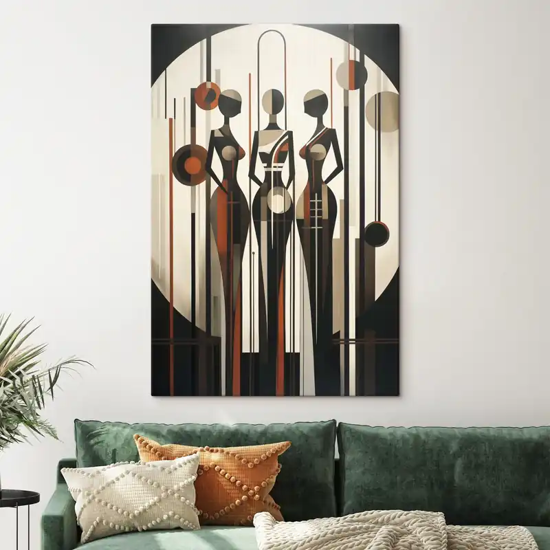 Discount Pictură pe pânză Figuri feminine stilizate cu elemente geometrice pe un fundal abstract format din linii verticale și cercuri Nr s47422