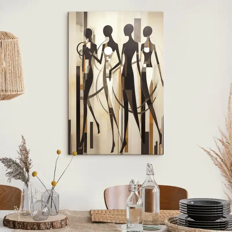 Pictură pe pânză Figuri feminine stilizate cu elemente geometrice pe un fundal abstract de linii verticale Nr s47423 Chilipir