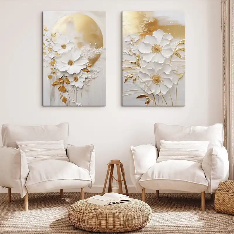 Cumpără online Pictură pe pânză Flori albe cu accente galbene și frunze delicate pe un fundal texturat, artă modernă Nr m01233