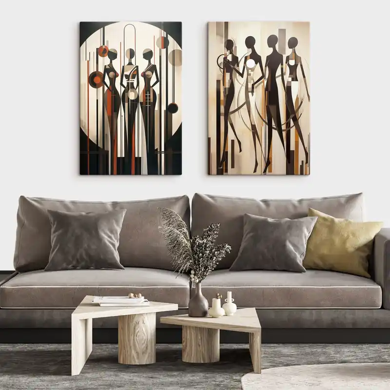 Reducere specială Pictură pe pânză Figuri feminine stilizate cu elemente geometrice pe un fundal abstract format din linii verticale și cercuri Nr m01237