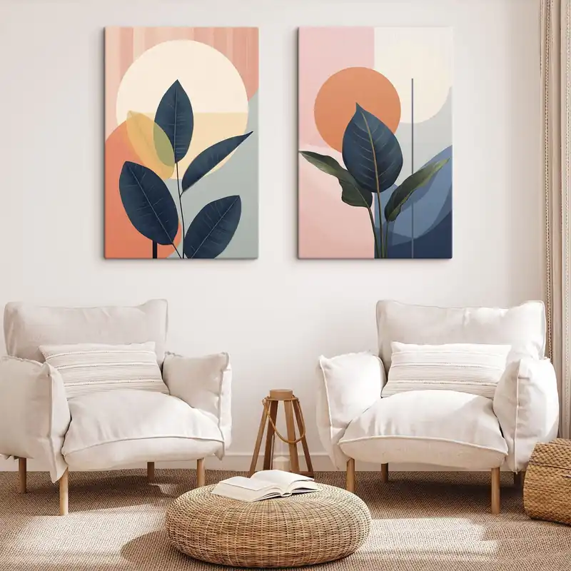 Bestseller Pictură pe pânză Frunze întunecate pe un fundal de forme abstracte în nuanțe de piersic și gri, cu un cerc mare, de culoare galben pal Nr m01238