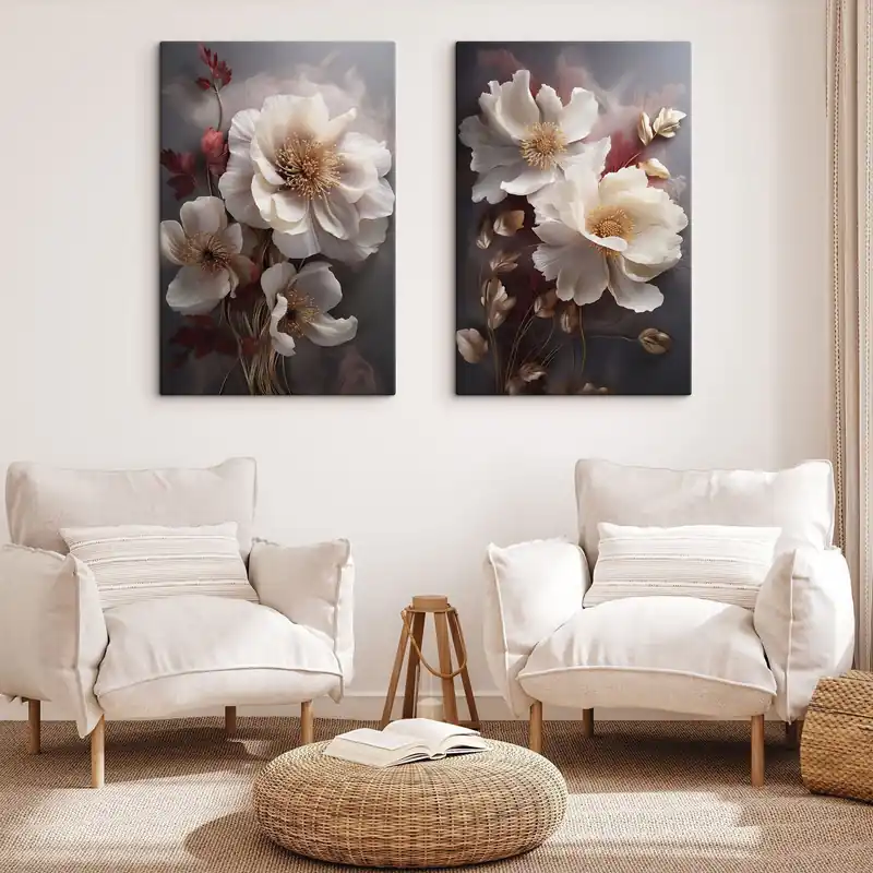 Cumpără acum Pictură pe pânză Bujori delicați, cu petale subțiri și vaporoase, înconjurați de frunze roșii închise și galbene, pe un fundal abstract. Nr m01243